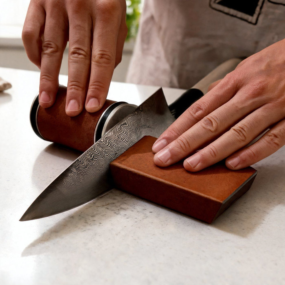 A Damascus Japanese gyuto held against the angle block, edge up, while one hand rolls the roller's disc along the edge