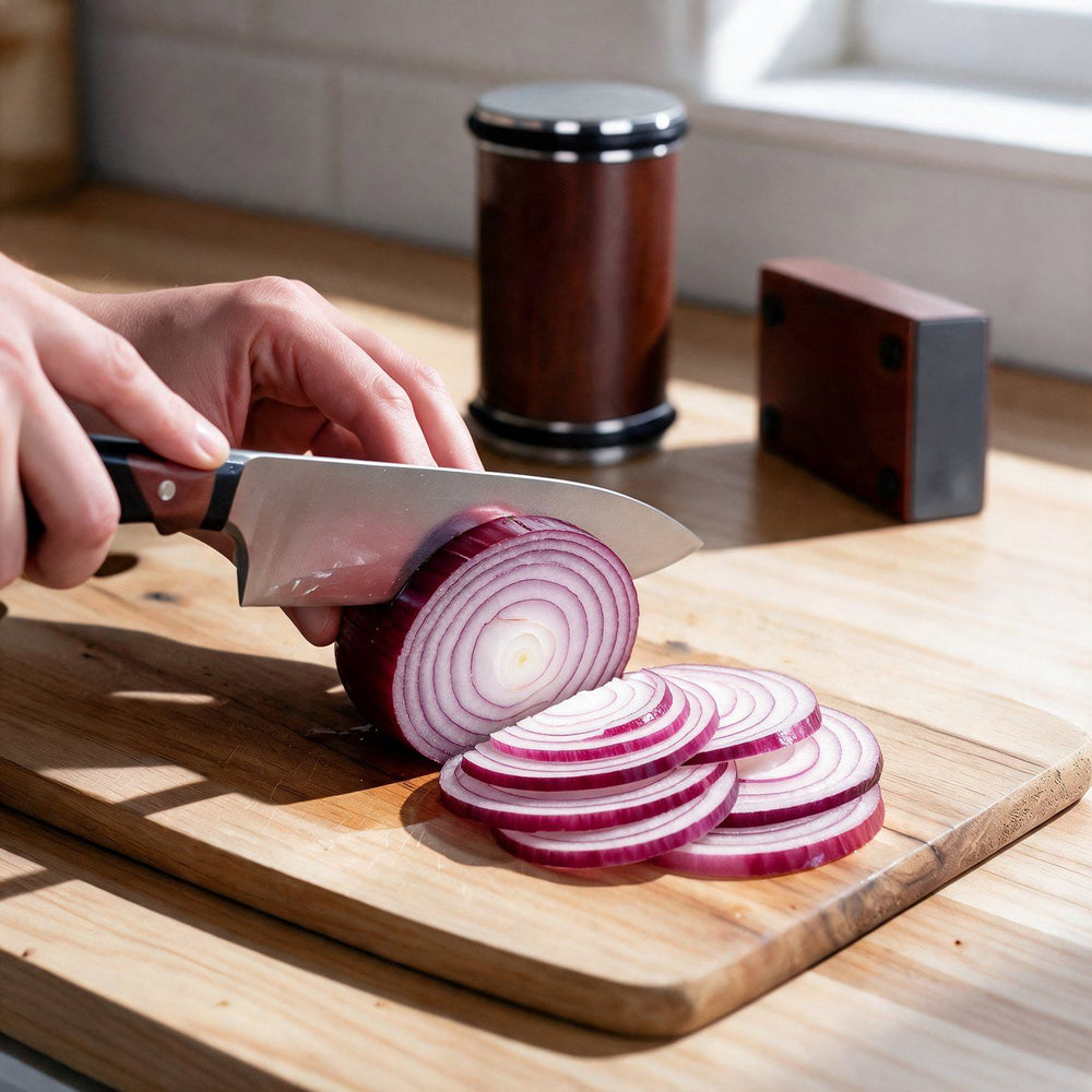 A sharp chef's knife slicing a red onion into thin, clean rings