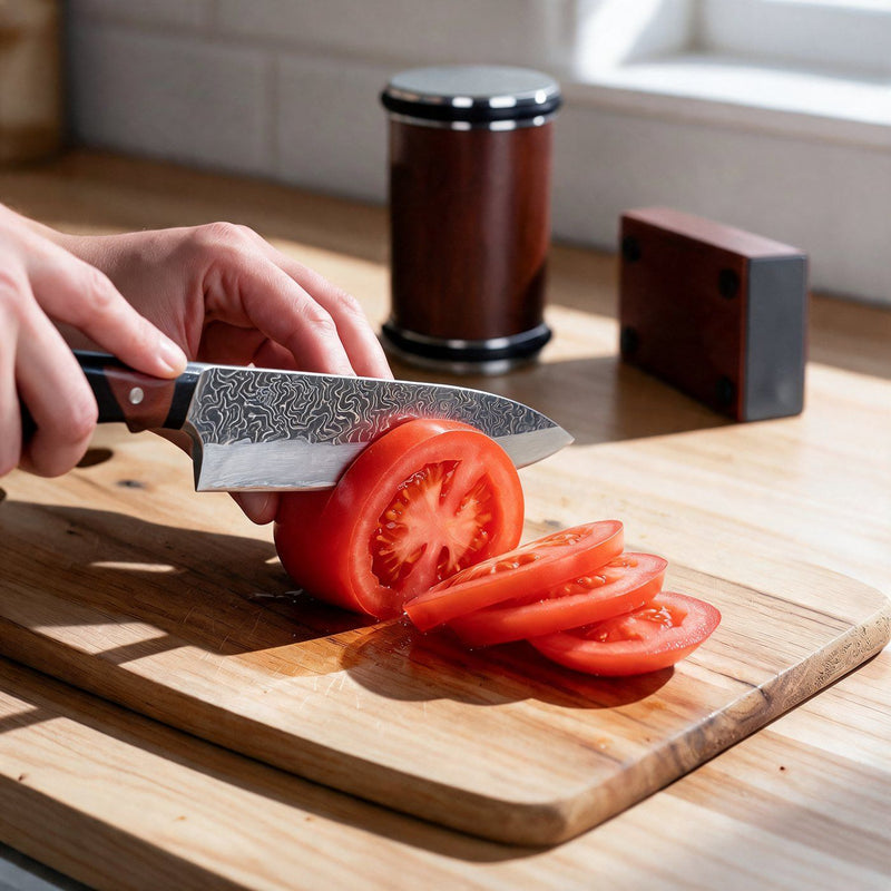 A freshly sharpened knife gliding through a tomato, leaving thin clean slices