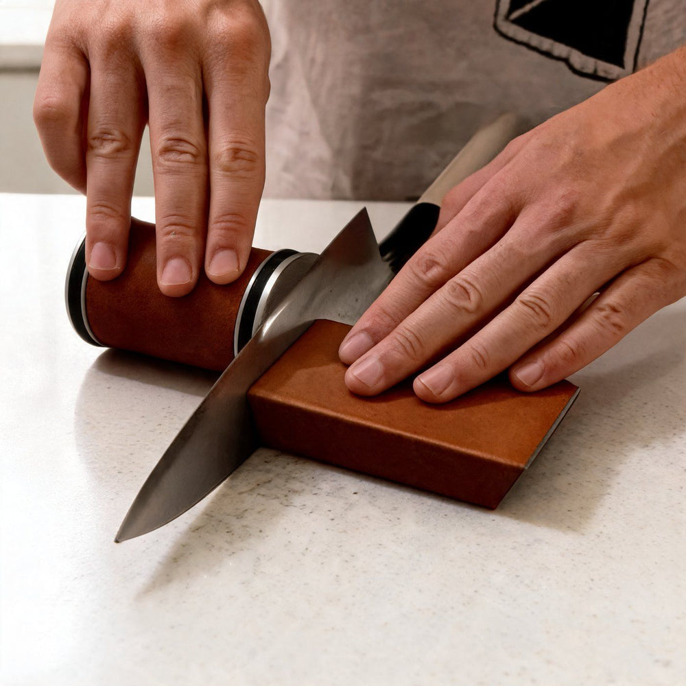 Two hands sharpening a chef's knife on a white counter: one rests on the angle block, the other rolls the roller along the blade