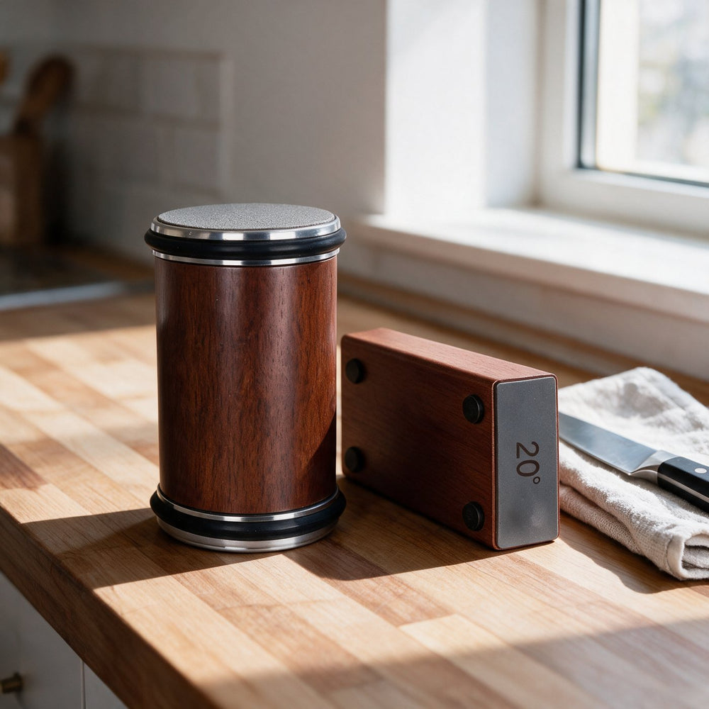 The Rollkeen roller and angle block on a kitchen counter beside a chef's knife