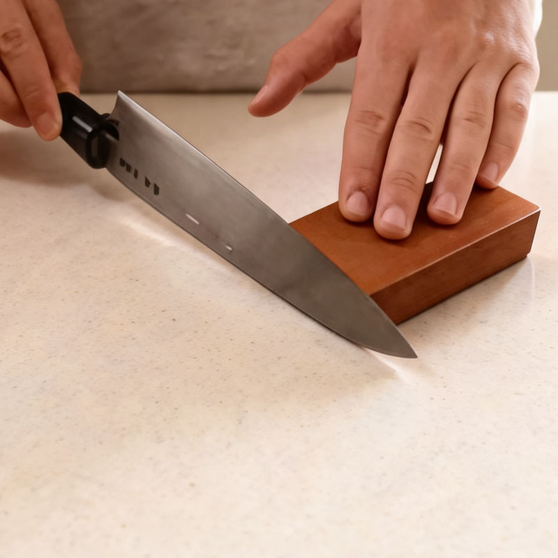 A kitchen knife held flat on the magnetic angle block, ready to sharpen