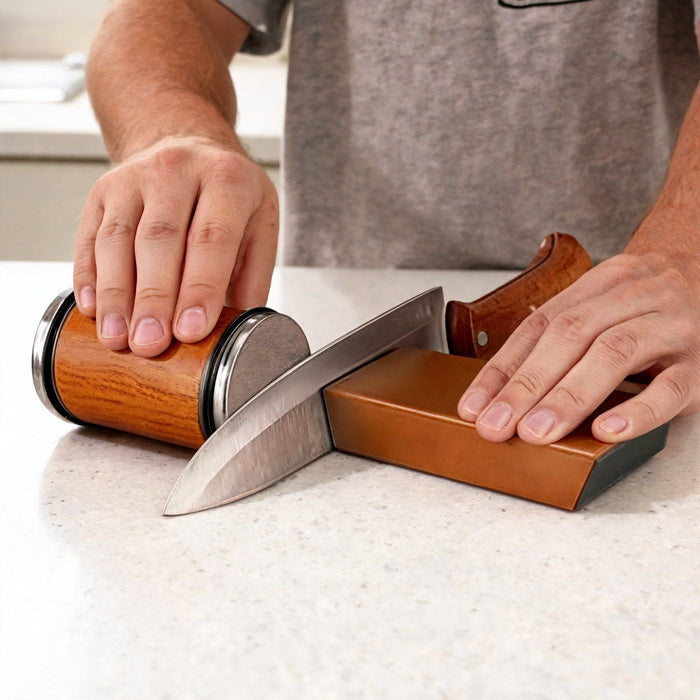 A chef's knife lying on the angle block, edge up, with the roller's disc on the edge