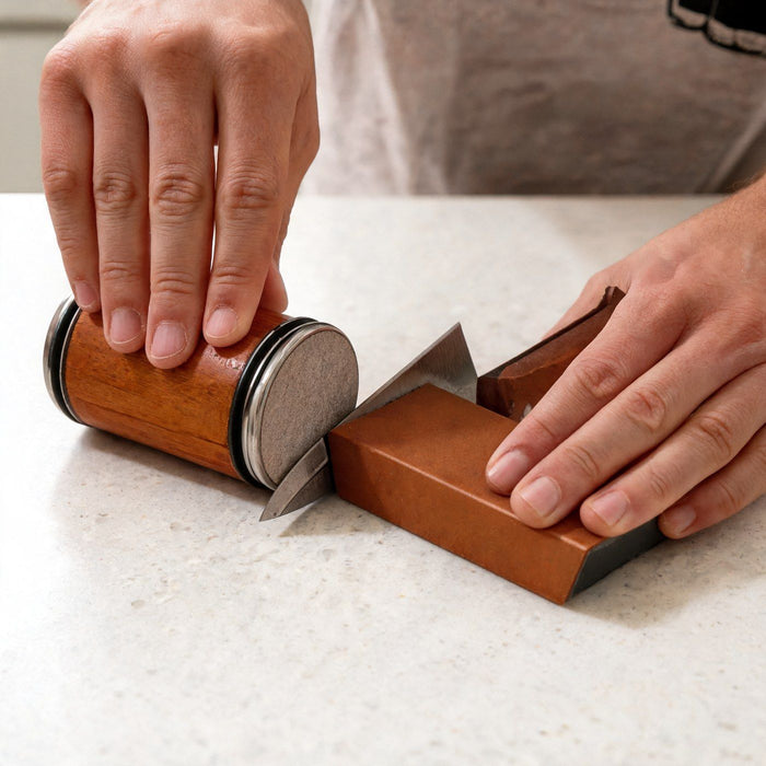 A slim utility knife held against the angle block, edge up, with the roller's disc on the edge